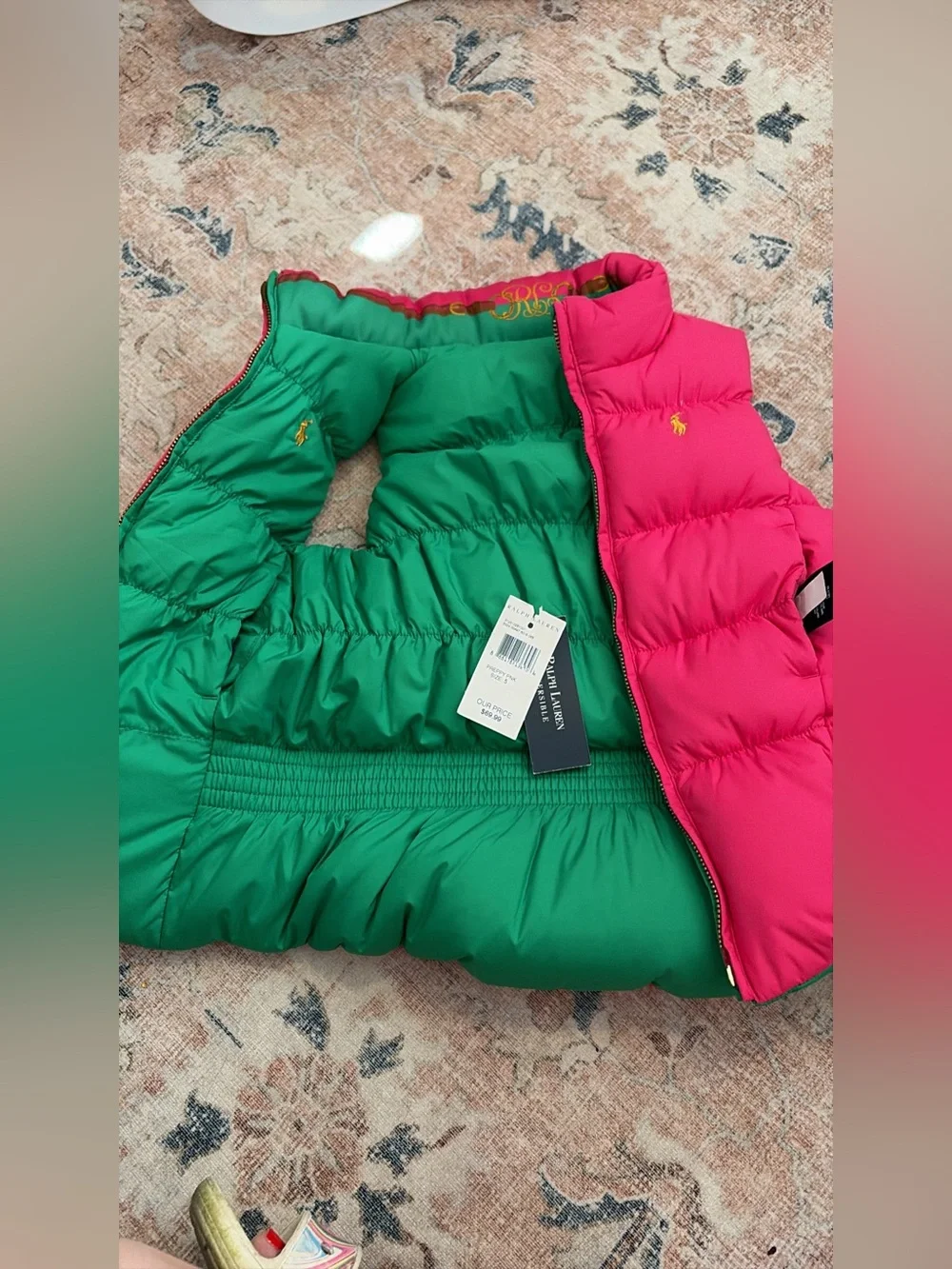 Ralph Lauren Green and Pink Quilted Puffer Vest
